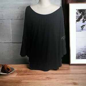 Black, Crochet Trim, Bell Sleeve, Boat Neck Top‎
